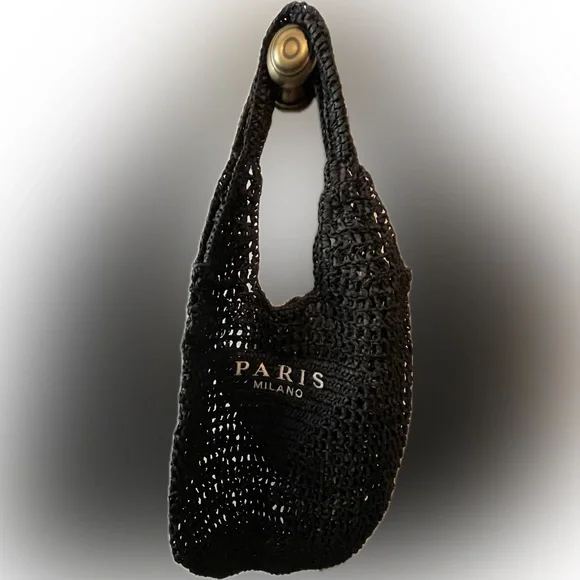 Paris Milano Black Woven Straw Shoulder Bag - Picture 3 of 3